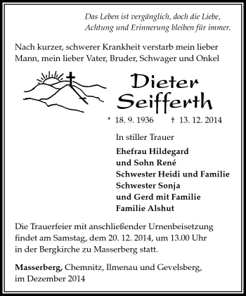 Traueranzeige von Dieter Seifferth von Südthüringer Presse