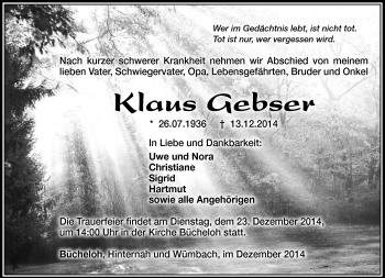 Traueranzeige von Klaus Gebser von Südthüringer Presse