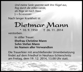 Traueranzeige von Dieter Mann von Südthüringer Presse