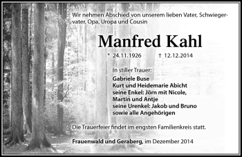 Traueranzeige von Manfred Kahl von Südthüringer Presse