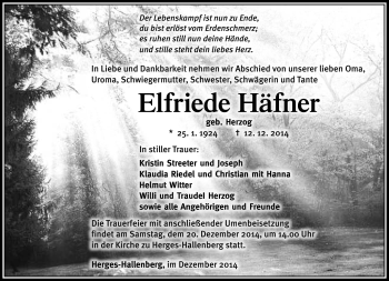 Traueranzeige von Elfriede Häfner von Südthüringer Presse