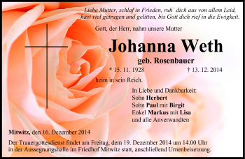 Traueranzeige von Johanna Weth von Neue Presse Coburg