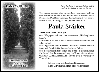 Traueranzeige von Paula Stärker von Südthüringer Presse