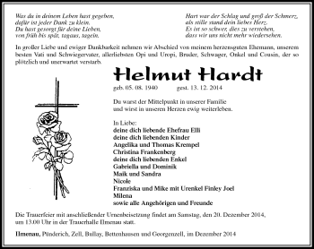 Traueranzeige von Helmut Hardt von Südthüringer Presse