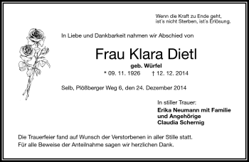Traueranzeige von Klara Dietl von Frankenpost