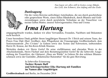 Traueranzeige von Irma Hartung von Südthüringer Presse
