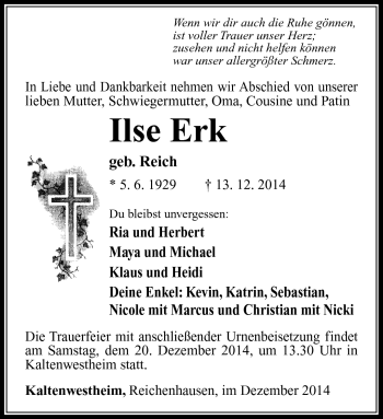 Traueranzeige von Ilse Erk von Südthüringer Presse