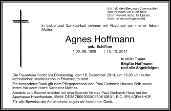 Traueranzeige von Agnes Hoffmann von Frankenpost