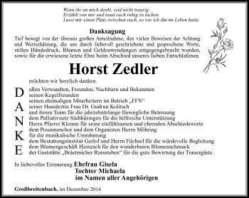 Traueranzeige von Horst Zedler von Südthüringer Presse