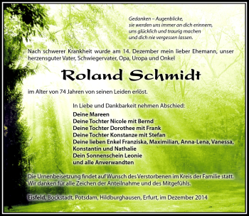 Traueranzeige von Roland Schmidt von Südthüringer Presse