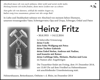Traueranzeige von Heinz Fritz von Südthüringer Presse