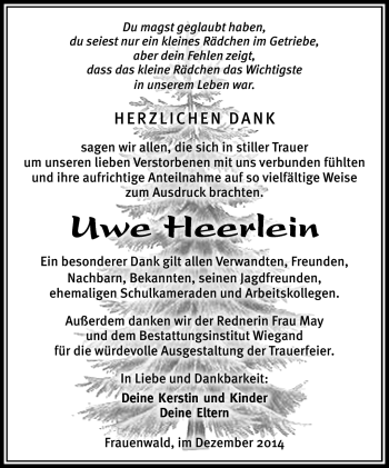 Traueranzeige von Uwe Heerlein von Südthüringer Presse