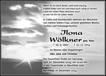 Traueranzeige von Ilona Wölkner von Südthüringer Presse