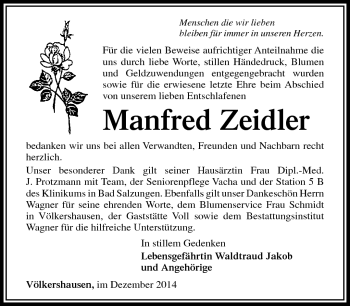 Traueranzeige von Manfred Zeidler von Südthüringer Presse