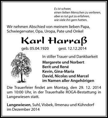 Traueranzeige von Karl Harraß von Südthüringer Presse
