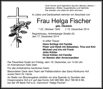 Traueranzeige von Helga Fischer von Frankenpost