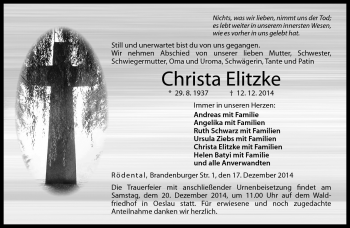 Traueranzeige von Christa Elitzke von Neue Presse Coburg