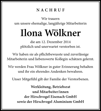 Traueranzeige von Ilona Wölkner von Südthüringer Presse