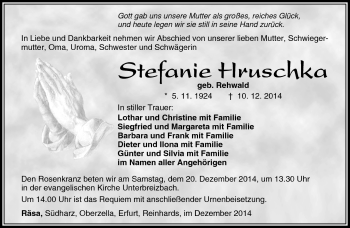 Traueranzeige von Stefanie Hruschka von Südthüringer Presse