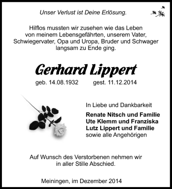 Traueranzeige von Gerahrd Lippert von Südthüringer Presse