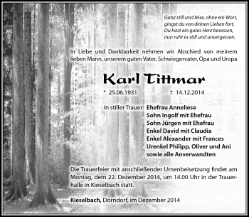 Traueranzeige von Karl Tittmar von Südthüringer Presse