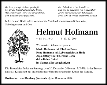 Traueranzeige von Helmut Hofmann von Südthüringer Presse