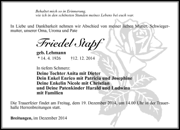 Traueranzeige von Friedel Stapf von Südthüringer Presse