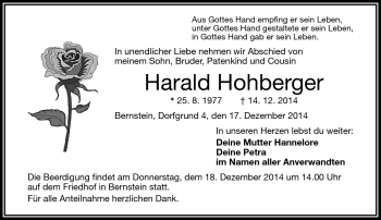 Traueranzeige von Harald Hohberger von Frankenpost