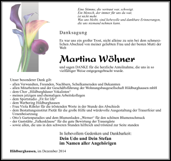 Traueranzeige von Martina Wöhner von Südthüringer Presse