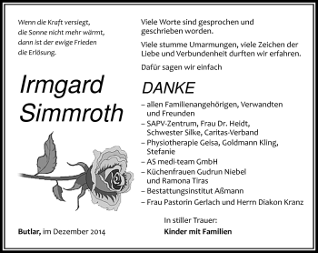 Traueranzeige von Irmgard Simmroth von Südthüringer Presse