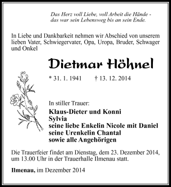 Traueranzeige von Dietmar Höhnel von Südthüringer Presse