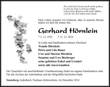 Traueranzeige von Gerhard Hörnlein von Südthüringer Presse