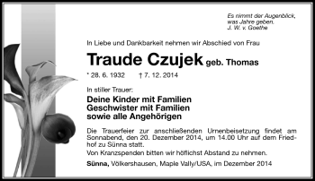 Traueranzeige von Traude Czujek von Südthüringer Presse