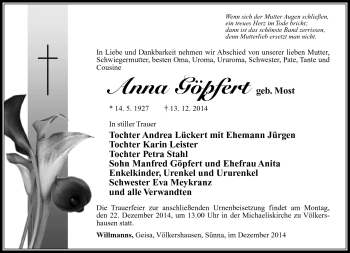 Traueranzeige von Anna Göpfert von Südthüringer Presse