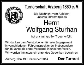 Traueranzeige von Wolfgang Sturnhan von Frankenpost