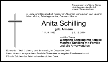 Traueranzeige von Anita Schillig von Neue Presse Coburg