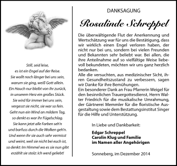 Traueranzeige von Rosalinde Schippel von Südthüringer Presse