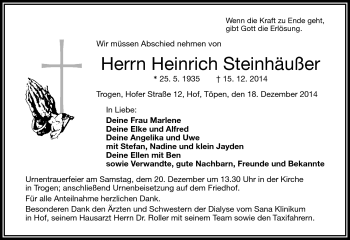 Traueranzeige von Heinrich Steinhäußer von Frankenpost