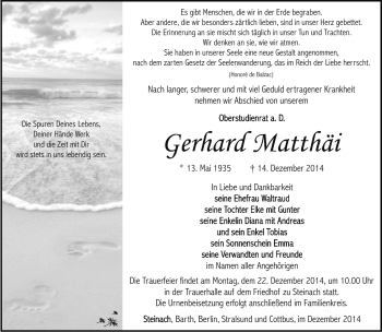 Traueranzeige von Gerhard Matthäi von Südthüringer Presse