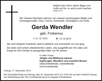 Traueranzeige von Gerda Wendler von Neue Presse Coburg
