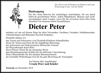 Traueranzeige von Dieter Peter von Südthüringer Presse