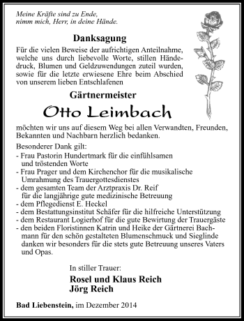 Traueranzeige von Otto Leimbach von Südthüringer Presse
