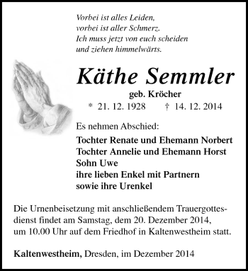 Traueranzeige von Käthe Semmler von Südthüringer Presse
