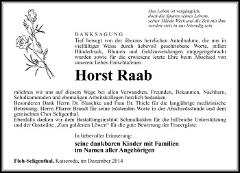 Traueranzeige von Horst Raab von Südthüringer Presse
