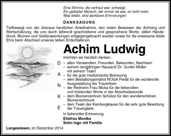 Traueranzeige von Achim Ludwig von Südthüringer Presse