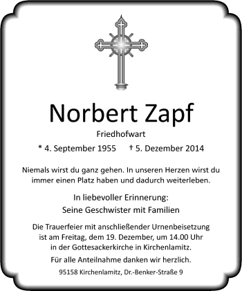 Traueranzeige von Norbert Zapf von Frankenpost
