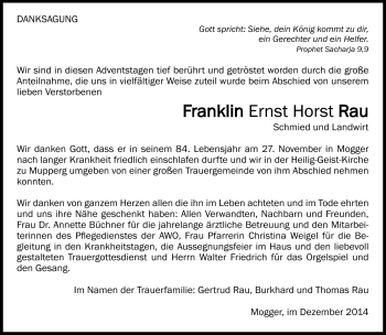 Traueranzeige von Franklin Ernst Horst Rau von Südthüringer Presse