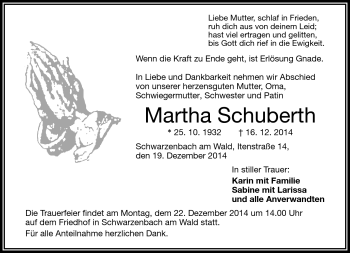 Traueranzeige von Martha Schuberth von Frankenpost