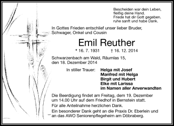 Traueranzeige von Emil Reuther von Frankenpost