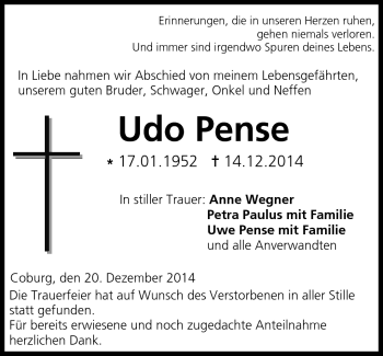 Traueranzeige von IUdo Pense von Neue Presse Coburg